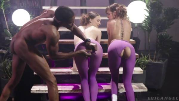 Black man fucks two white chicks in ripped purple leggings right on t the stairs on tubepornebony.com