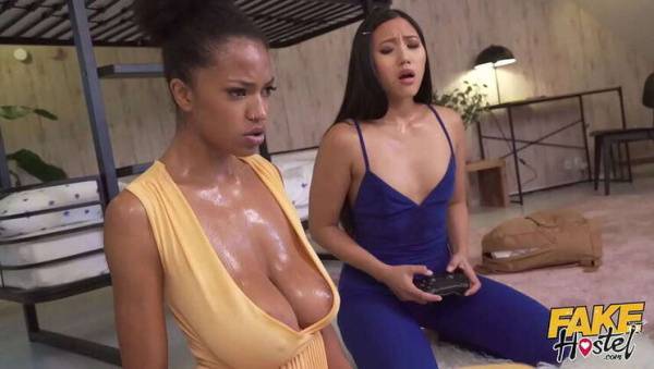 Asian Teen May & Ebony Babe Tina: Intense Gaming Leads to Sweaty Threesome on tubepornebony.com